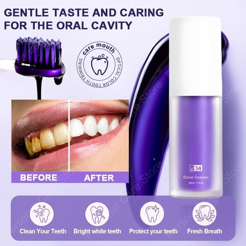 Pasta De Dente Roxa Branqueadora Suave V34-Formulado Para Dentes Sensíveis , Neutraliza Tons Amarelos E Aumenta O Brilho