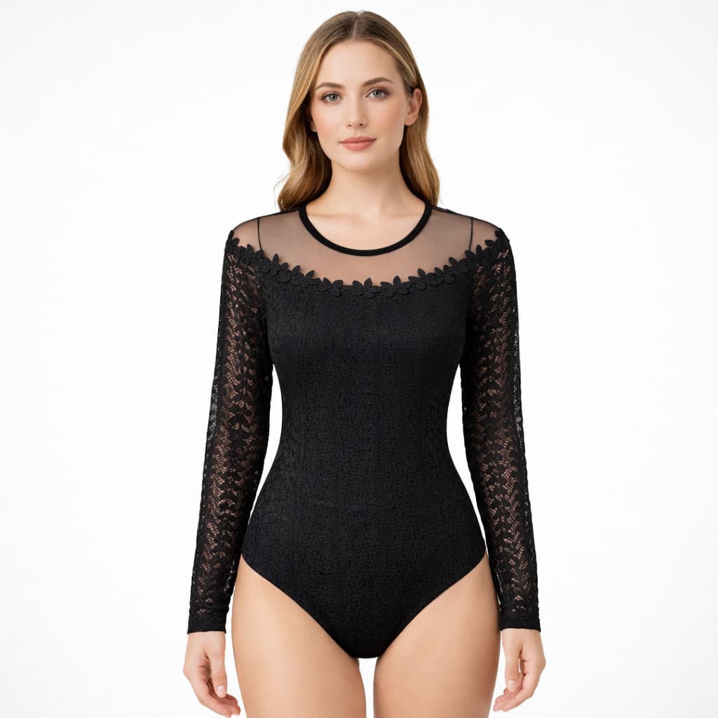 Body Feminino Rendado Manga Longa Transparência Tule 1802105