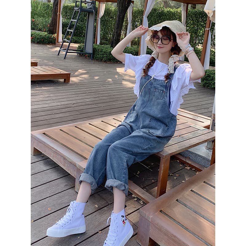 Macacão jeans redutor de idade feminino primavera outono novo estilo versão coreana solto pequeno tornozelo comprimento 