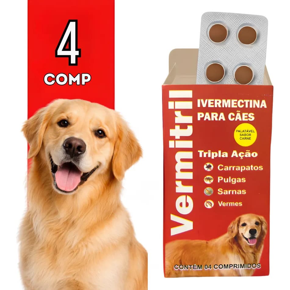 Anti Carrapatos, Vermes, Pulgas E Sarnas | 4 Comp 15kg Sabor Carne - Para Cães