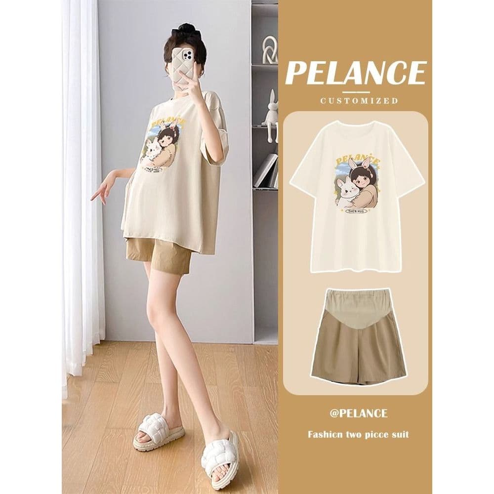 Roupa de maternidade verão wear 2026 novo estilo moda terno estilo de comprimento médio capa bunda camiseta de manga cur