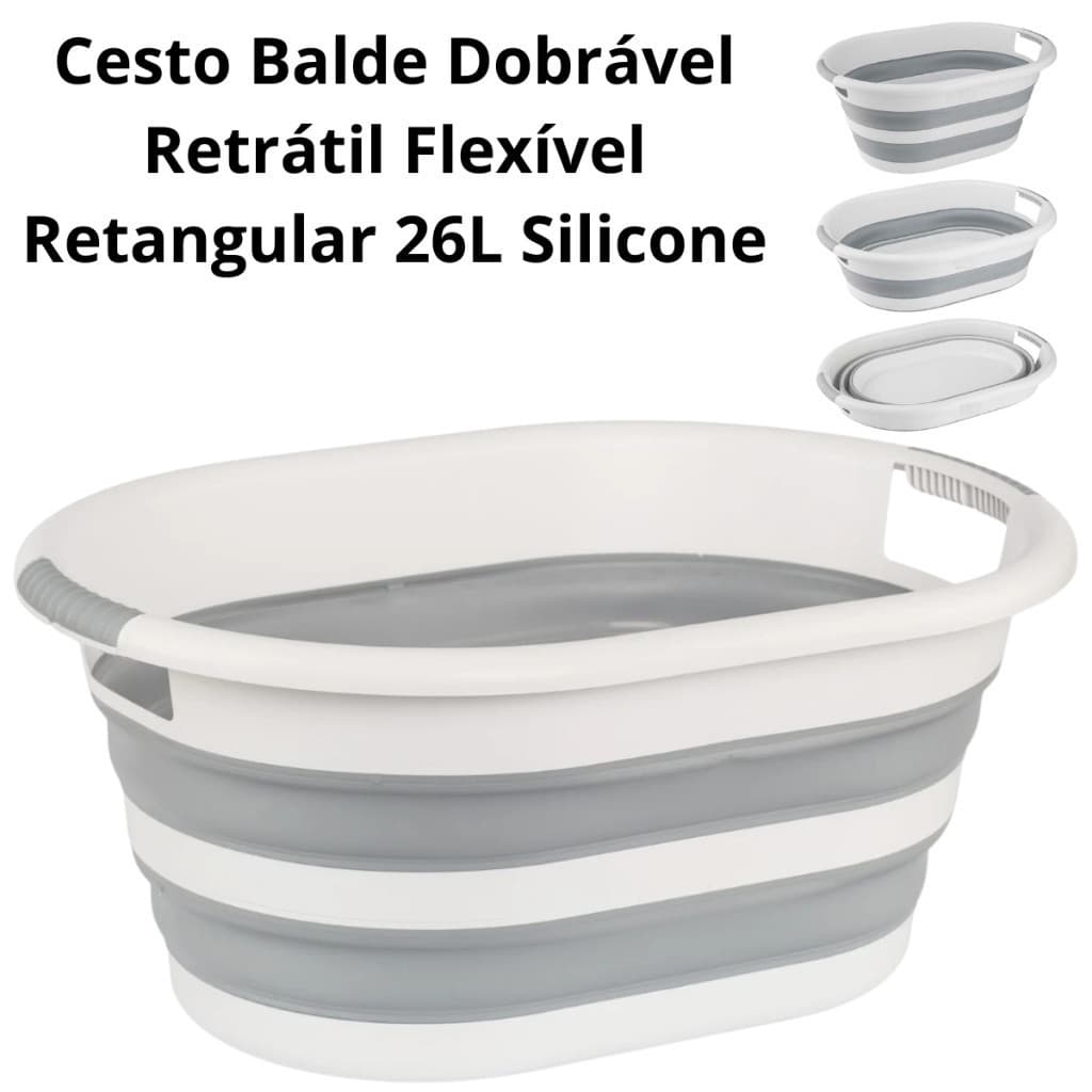 Balde Dobrável Retrátil Flexível Para Limpeza Multiuso Retangular 26L Silicone com Alças Powermaid
