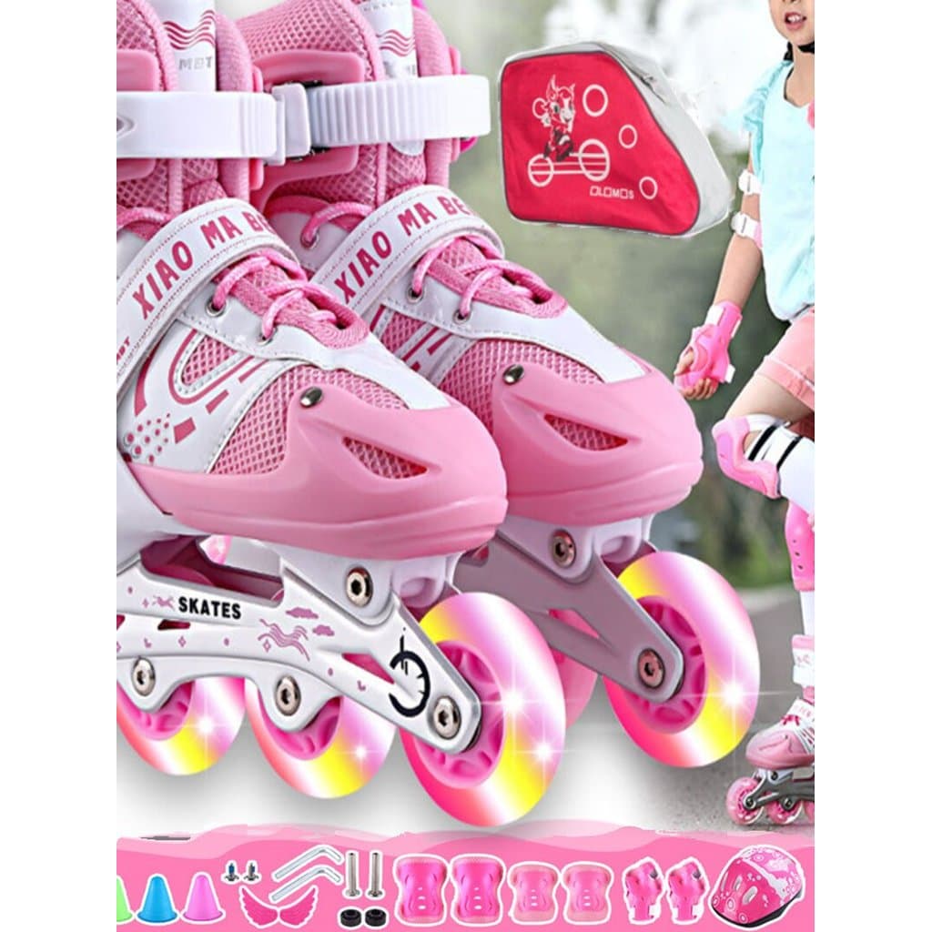 [Seleção] Patins Liu para crianças iniciantes, conjunto completo, patins Hanhuan com rodas luminosas, tamanho ajustável 