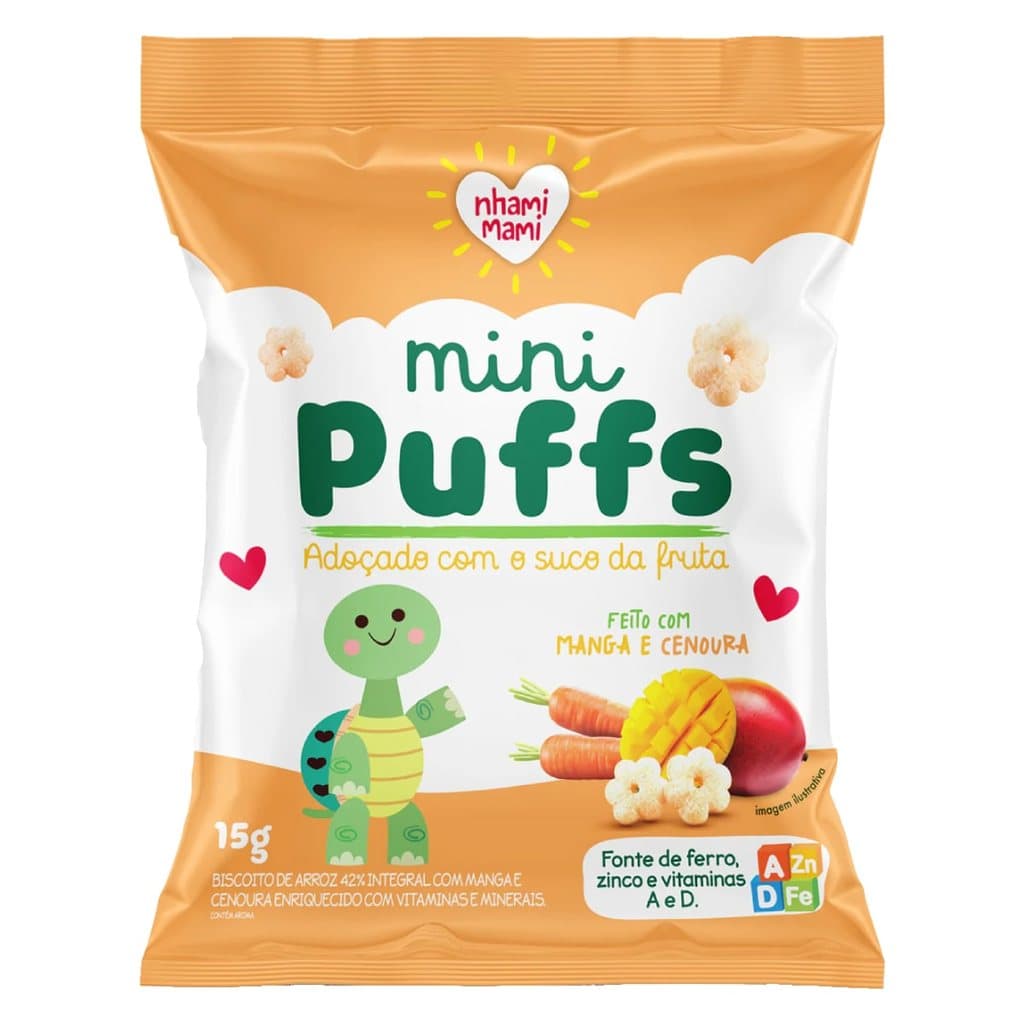 Biscoito de Arroz Mini Puffs Manga e Cenoura Zero Glúten, Integral Nhami Mami 15g