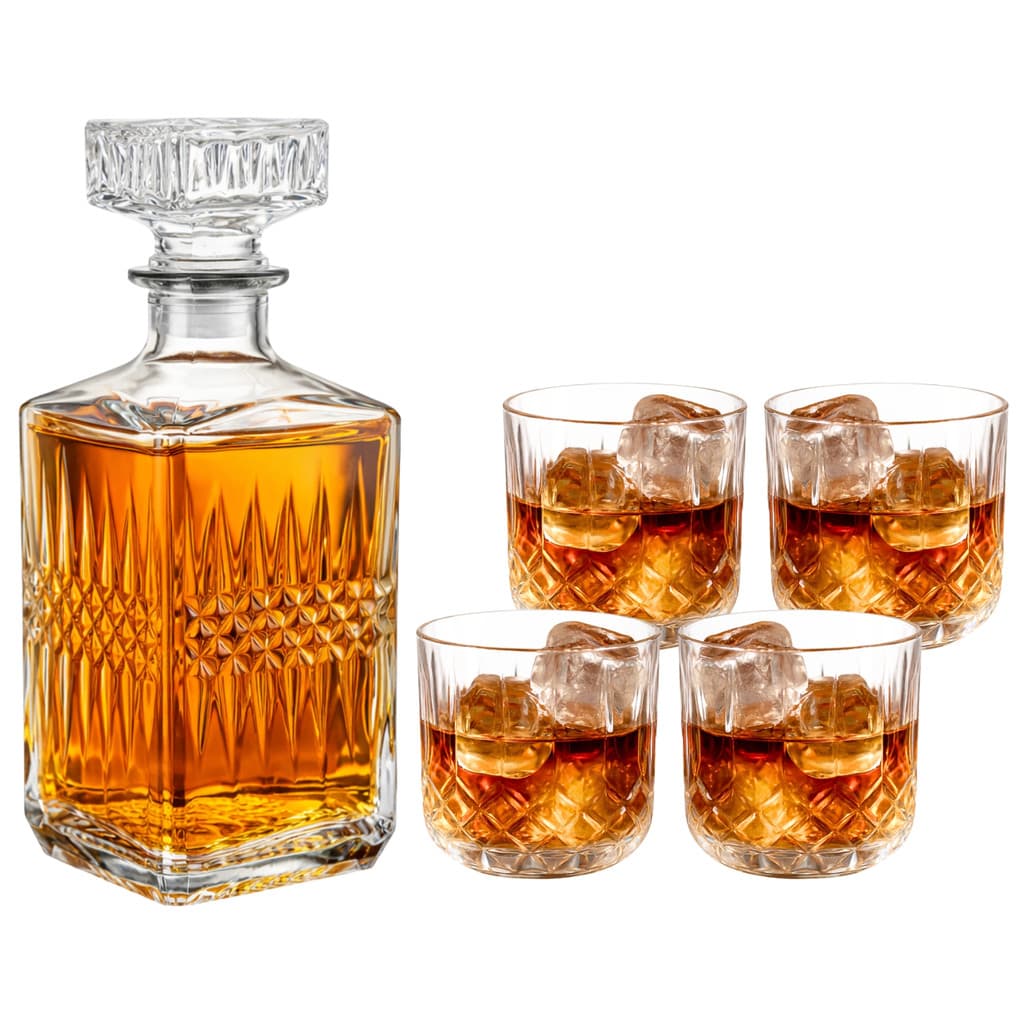 Kit Garrafa de Whisky Decanter Licor 1L 4 Copos de Vidro Baixo Relevo Luxo 280mL