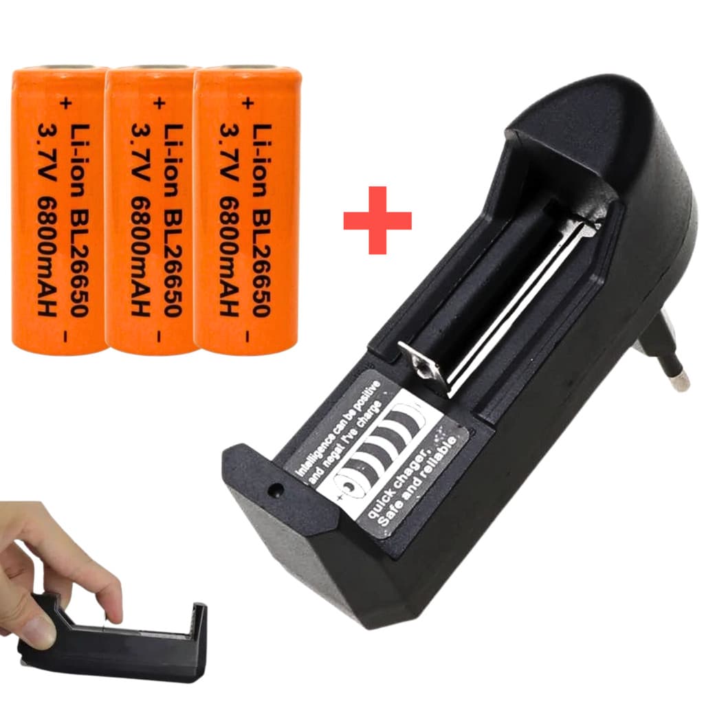 Kit Carregador + 3 Pilhas/Baterias 26650 3.7V 6800mAh Recarregáveis Alta Durabilidade