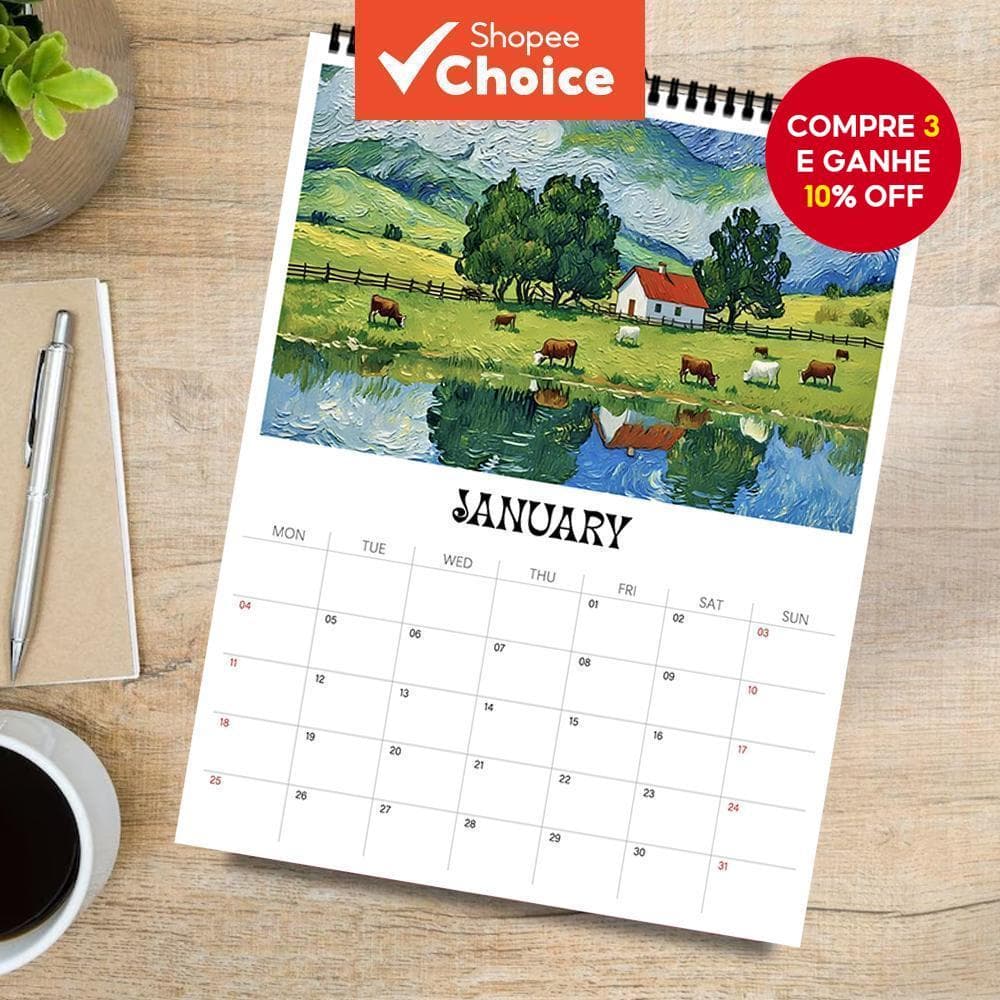  Calendário de Parede 1pc 2026, Série de Paisagens com Pintura a Óleo, planejador de estudo, 12 belos padrões, planos