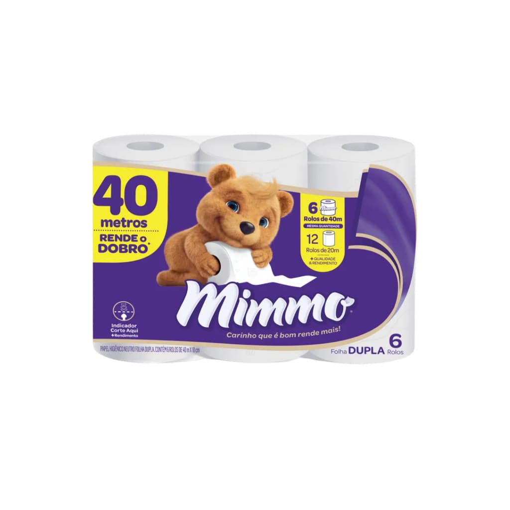 Papel Higiênico Folha Dupla 40m com 6 Rolos Mimmo