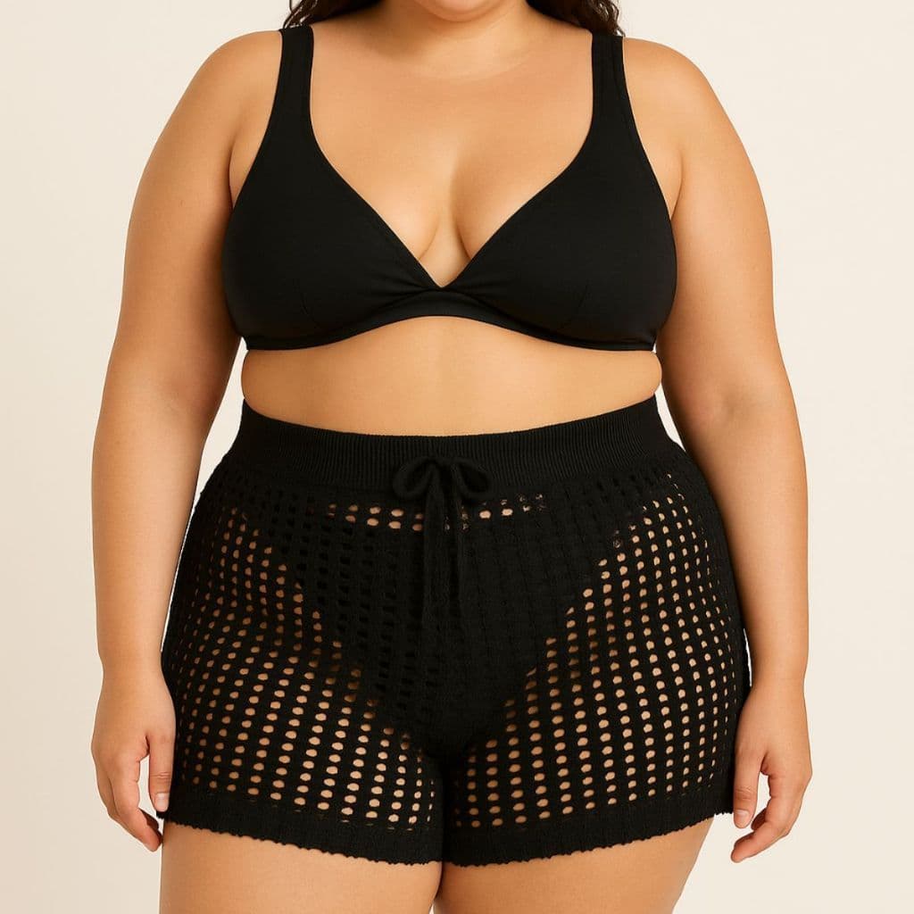 Short Feminino Tricô Vazado Plus Size com Amarração Confortável Estilo Sofisticado Envio Imediato
