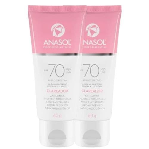 Kit 2 Protetor Solar Facial Anasol FPS 70 Clareador 60g Toque Seco Vegano