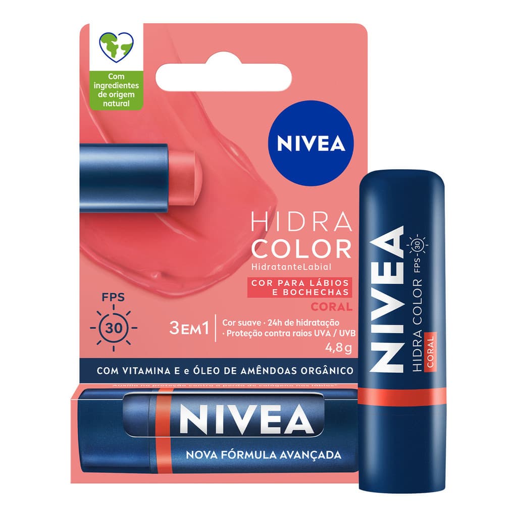 Hidratante Labial 3 Em 1 Hidra Color Coral 4,8g Nivea