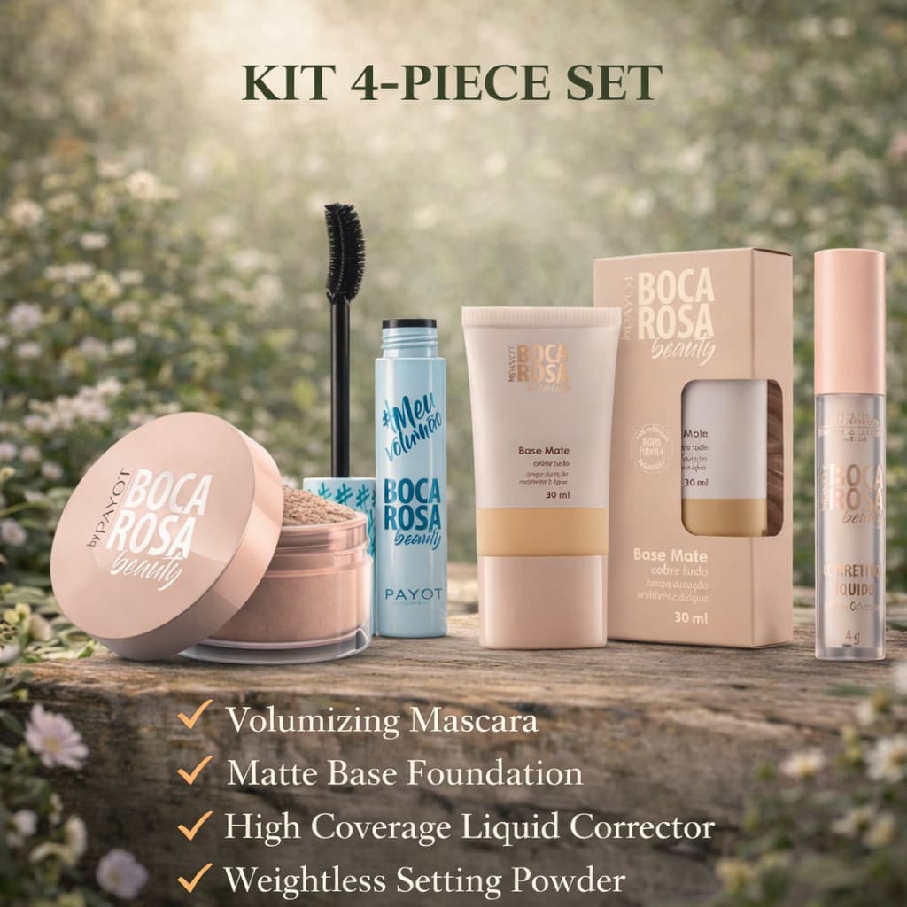 Kit 4 Peças Boca Rosa Base Pó Solto Mármore Máscara e Corretivo