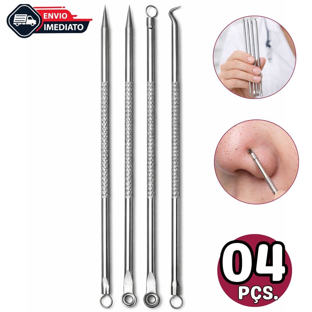 Kit Profissional Removedor De Cravos e Acne C/ 4 Peças De Ponta Dupla Pinça/Agulha/ Extrator