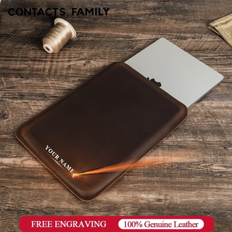 Luxo Couro Genuíno Caso Manga Do Portátil Para Macbook Ar 13 M1 M2 M3 M4 Pro 14 Capa Saco 13 Polegada Bolsa