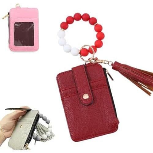 Carteira-chaveiro boho com contas e franjas, carteira feminina boho com contas e padrão floral, carteira com chaveiro e 