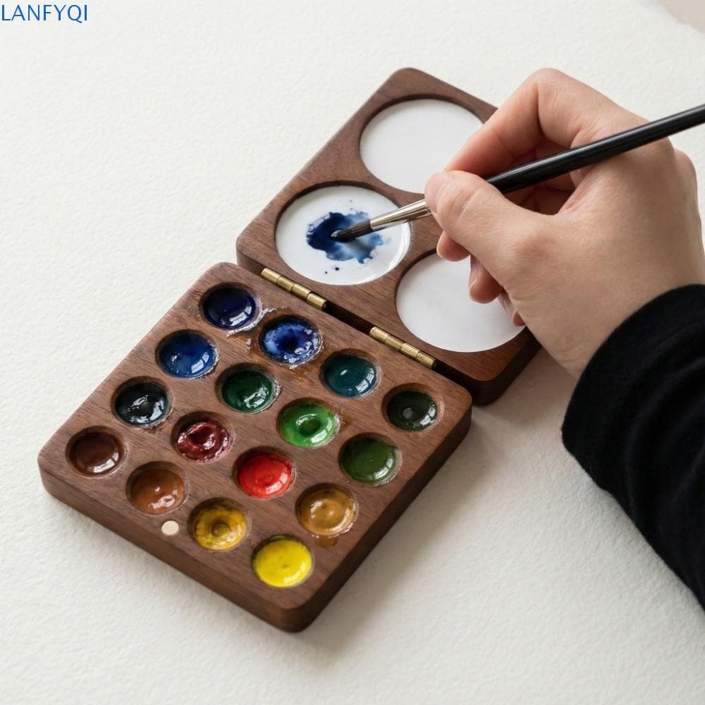 Paleta De Aquarela LANFYQI , Mini Caixa De Pintura Compacta , Bandeja De Mistura De Sucção Portátil De Nogueira