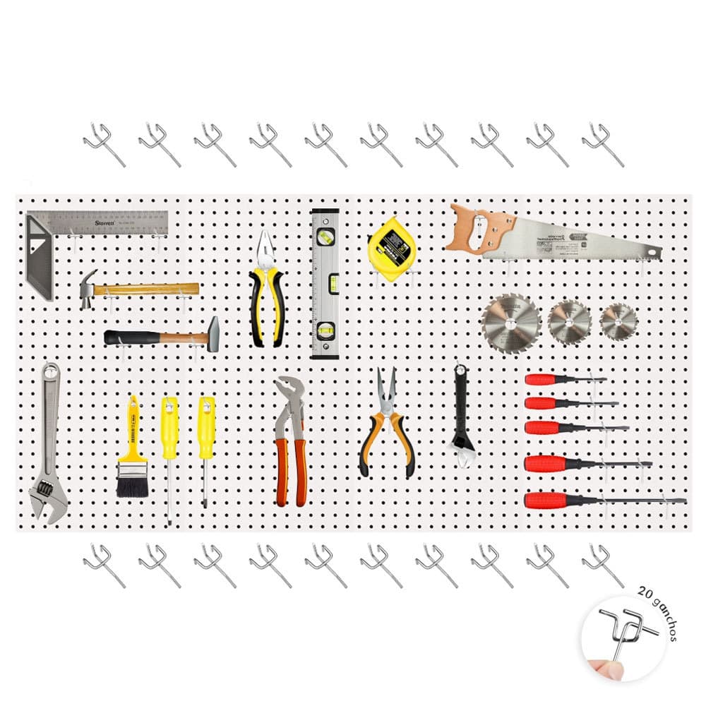 Chapa Placa De Eucatex Branco Perfurado Pegboard Expositor Painel 60x120cm Com 20 Ganchos