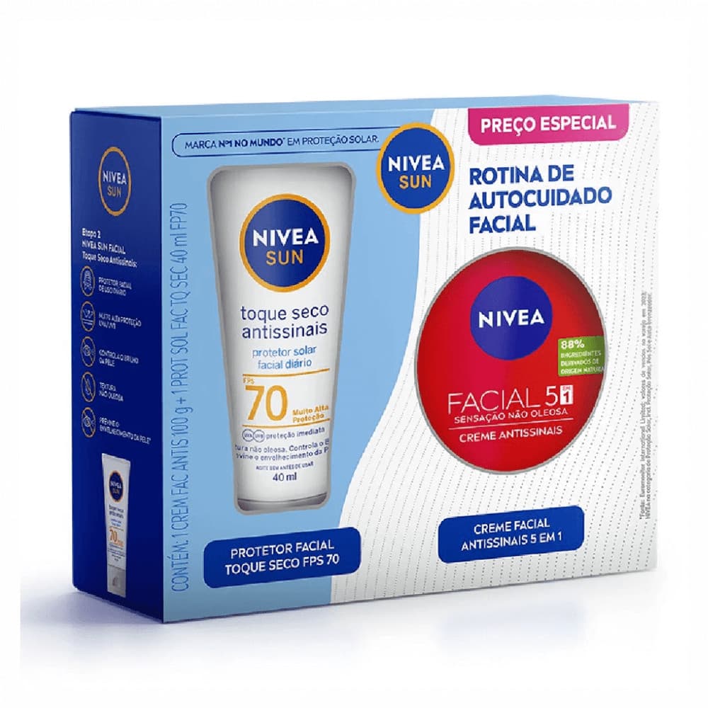 Kit Nivea Antissinais FPS70 Protetor Facial 40ml + Creme Facial 100g Hidratação Proteção UVA UVB Pele Uniforme