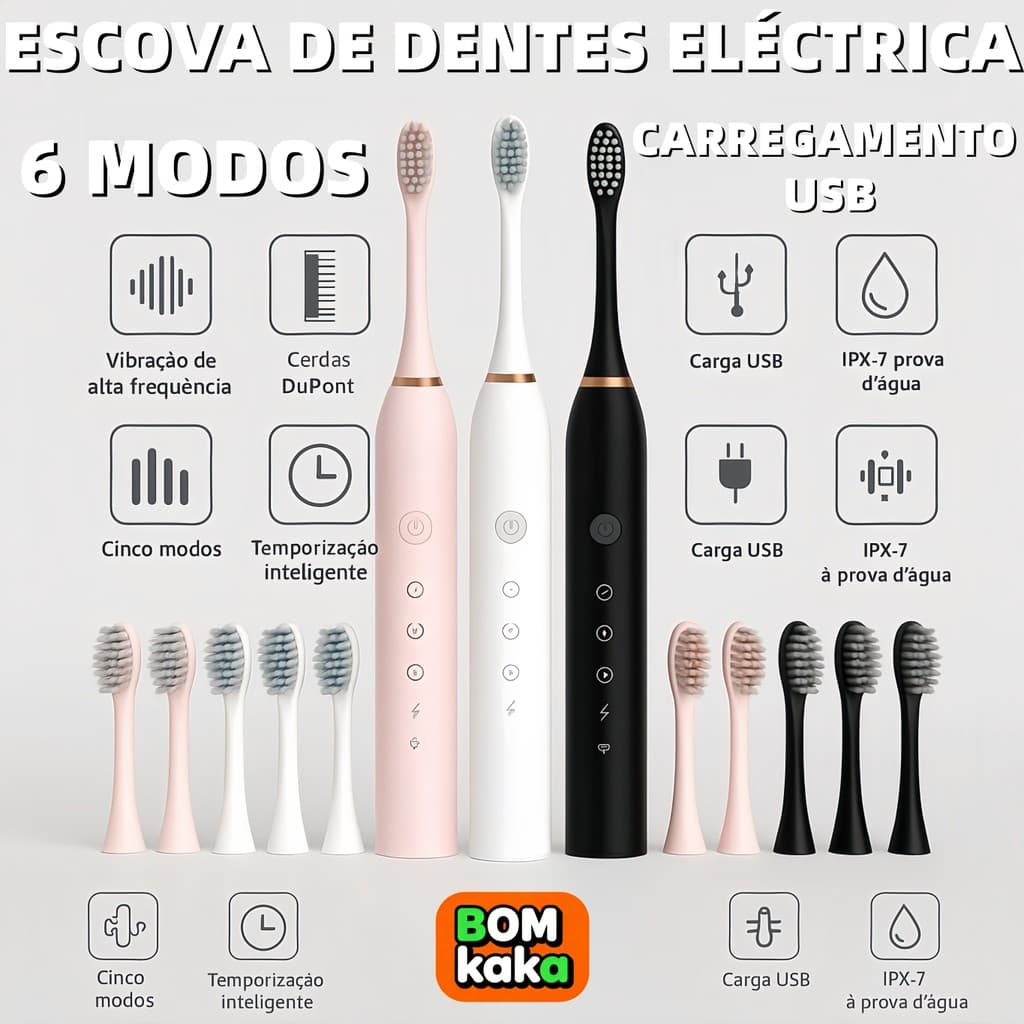Kit Escova Dental Elétrica Sônica Recarregável IPX7 à Prova d’Água c/ 2 Cabeças Substituíveis