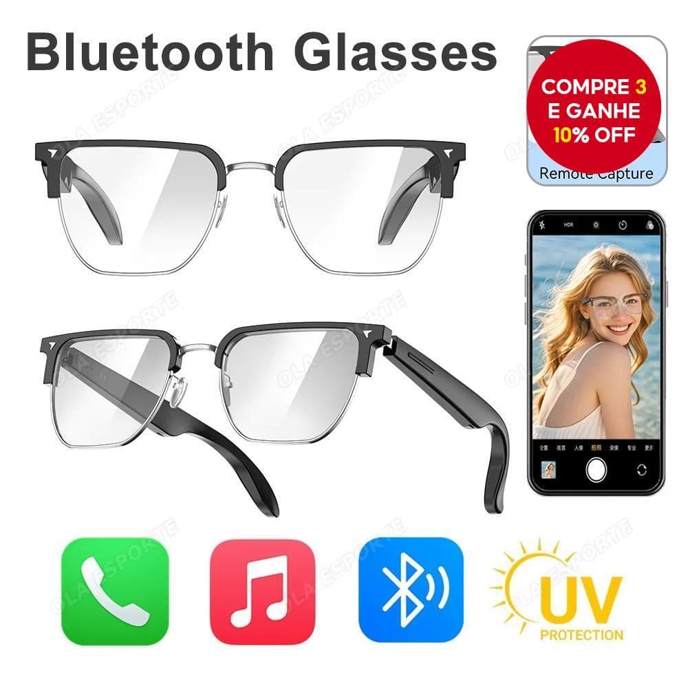  Óculos Inteligentes com IA Bluetooth para Chamadas, Música, Captura de Fotos Remotas, Assistente de Voz, Bateria de