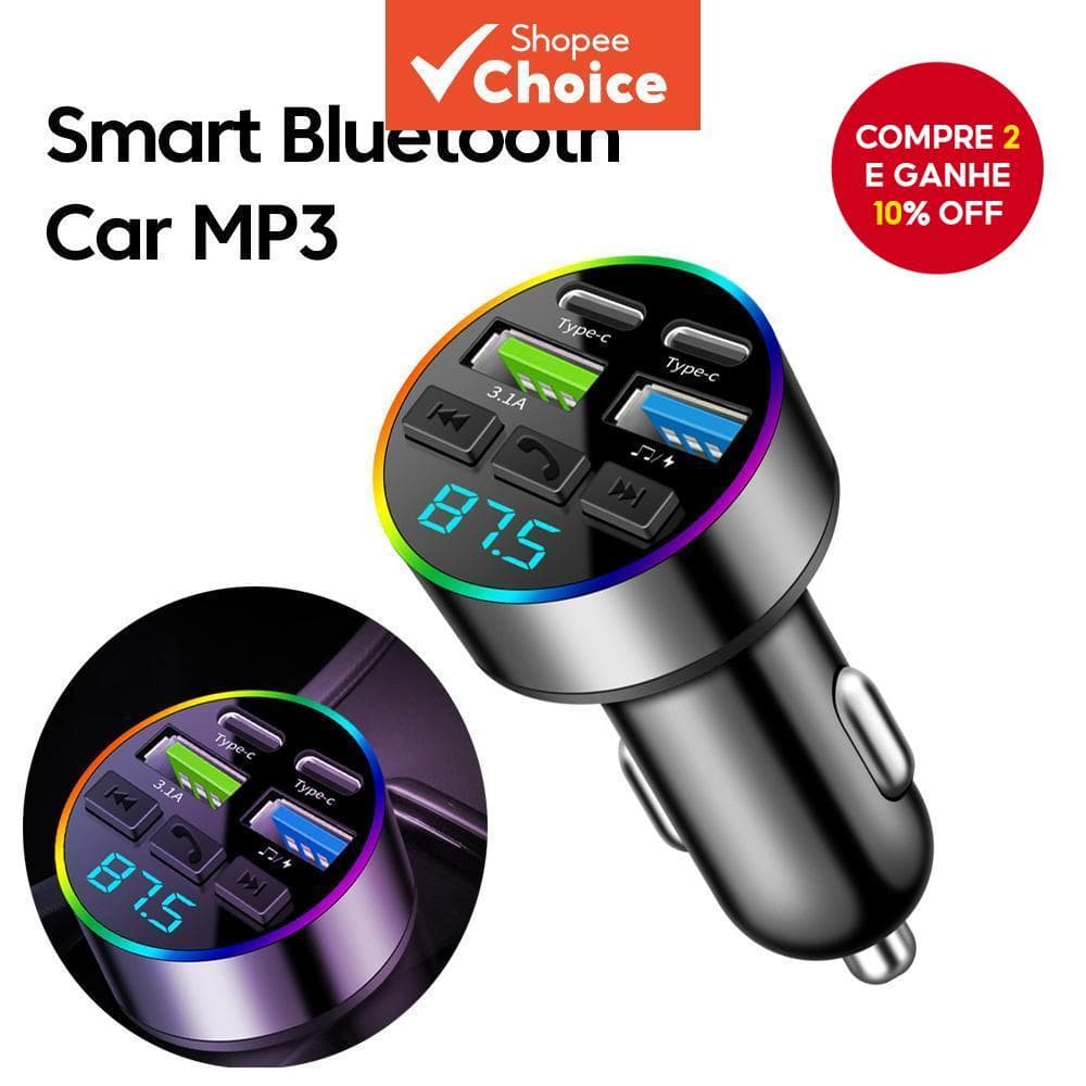  Adaptador de carregador de telefone para carro com carregamento rápido USB duplo Tipo C duplo Bluetooth 5.0 com tomada