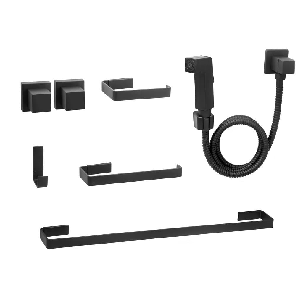 Kit de Acessórios para Banheiro Quadrado Preto Completo Luxo + Ducha Higiênica + 02 Acabamento Registro Chuveiro Deca