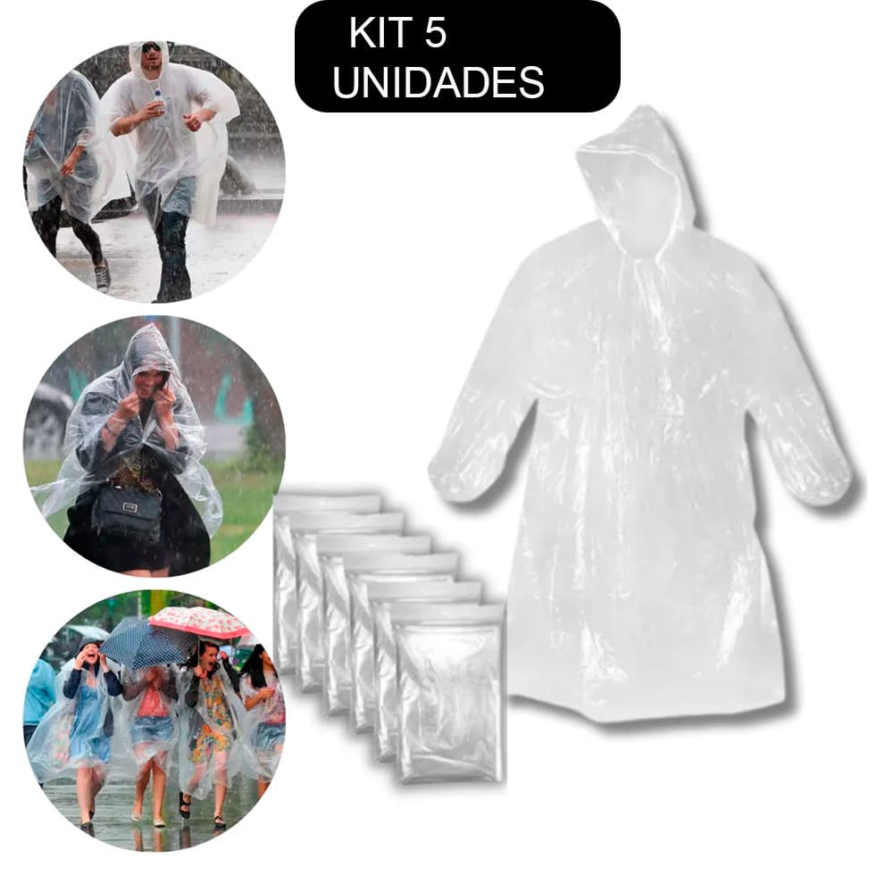 Kit 5 Capa de Chuva Descartável Transparente Impermeável Brasmo