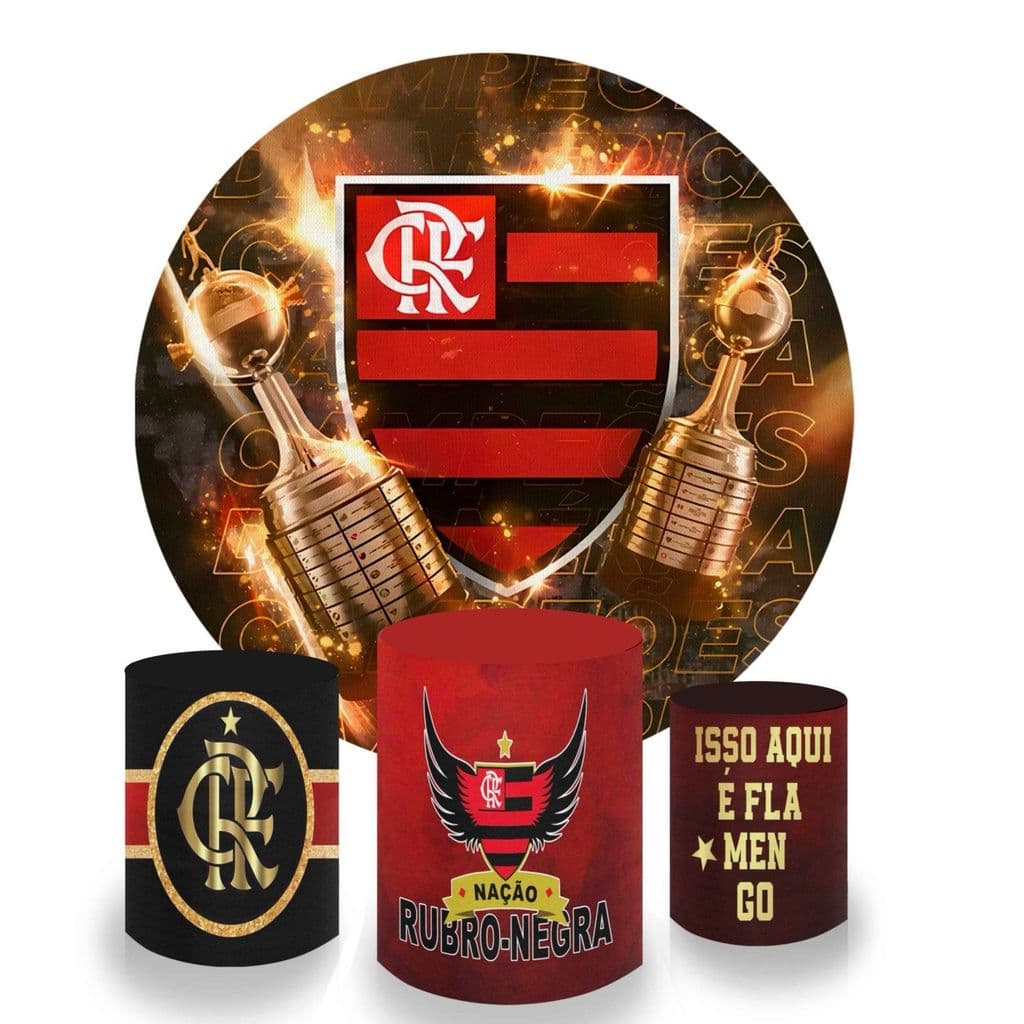 Kit Capa Painel Festa Pegue e Monte Redondo + Trio de Cilindros Veste Fácil Tema Festa Futebol Infantil Preto e Vermelho