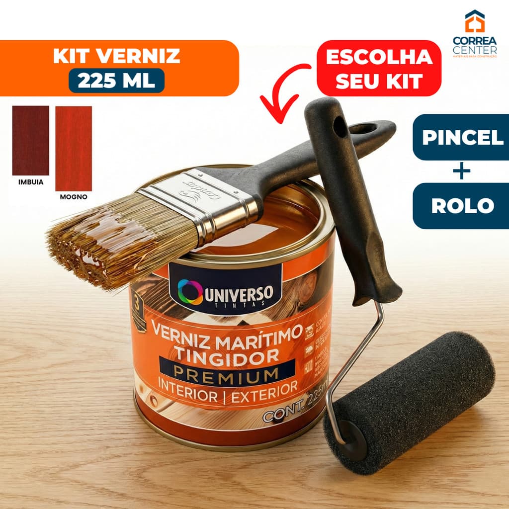 Verniz Maritimo Universo 225ml Madeira Kit Pintura Rolinho Espuma Trincha Pincel Brilhante Porta Janela Artesanato