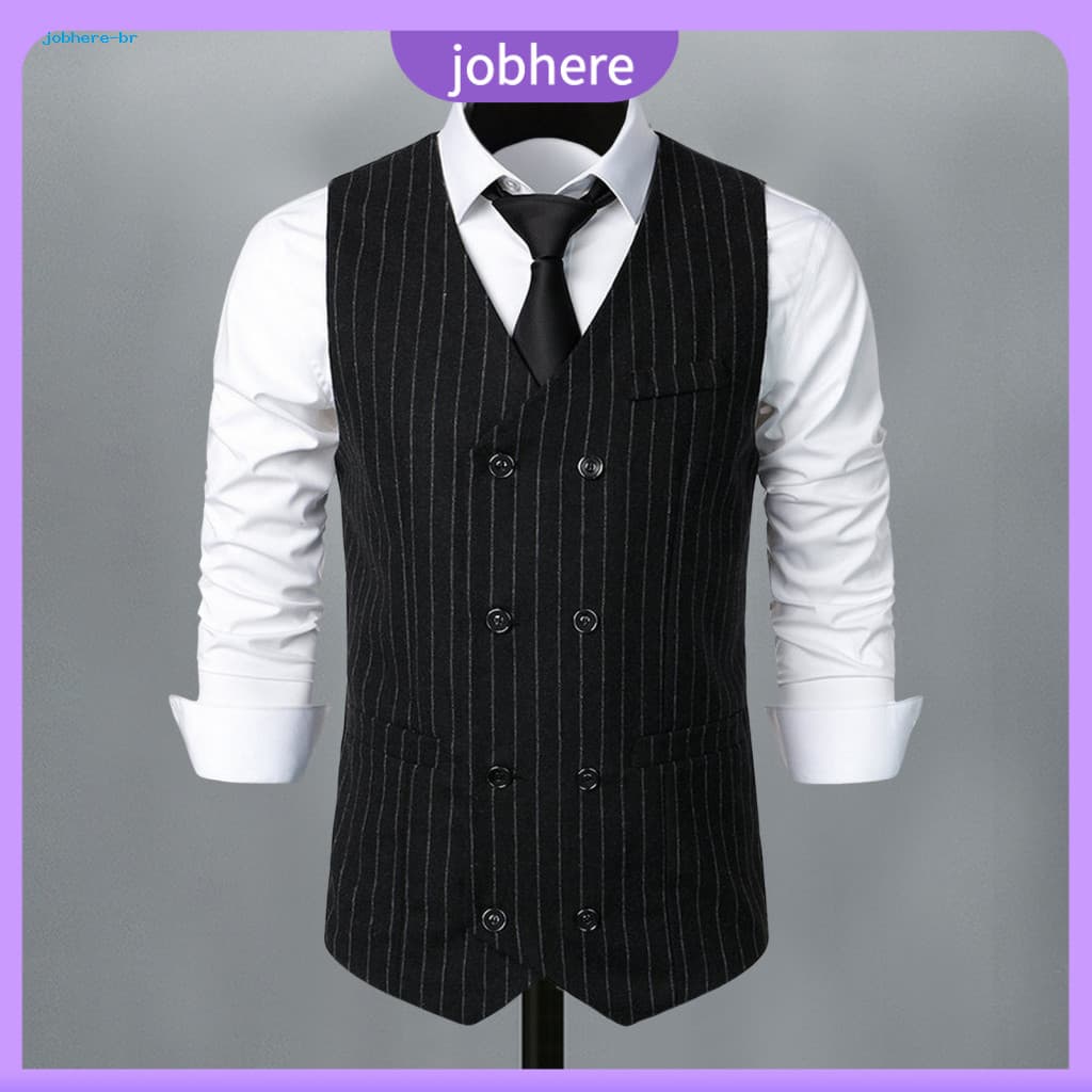 Men Suit Waistcoat Business Men's Striped Double Breasted V-neck Vest with Patch Pockets Sleeveless and Wedding Formal f