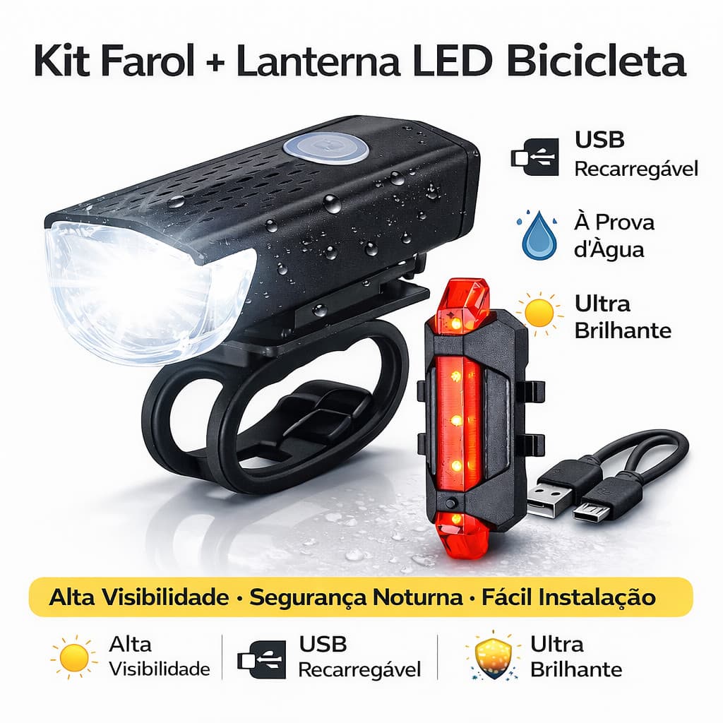Kit Farol e Lanterna LED para Bicicleta Ultra Brilhante Recarregável Prova d’Água Segurança