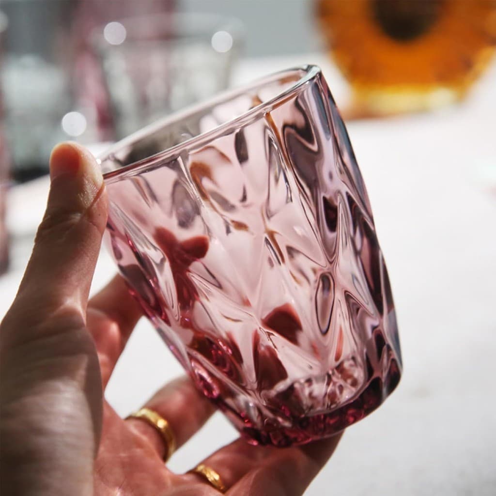 Conjunto de 6 copos de diamante copos de vidro vintage de 280 ml Jogo de copos coloridos de vidro em relevo elegante