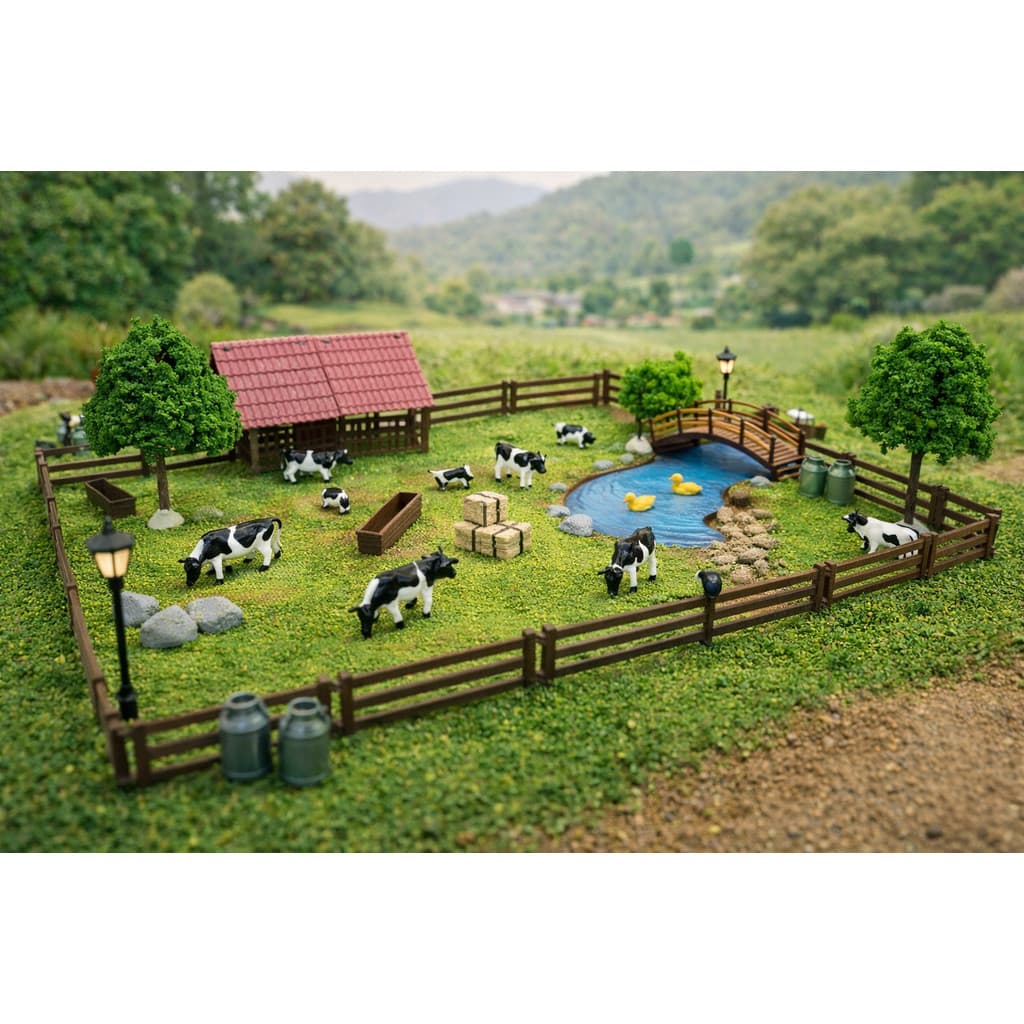 Fazenda Vale Verde – Kit Mini Fazenda com Vaquinhas, Lago, Poste, Arvores  – Maquete,Terrário, Diorama Trabalho Escolar