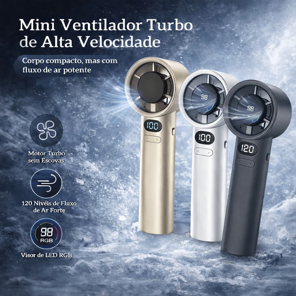 Mini Ventilador Turbo Portátil USB Recarregável 120 Velocidades LED Silencioso Potente