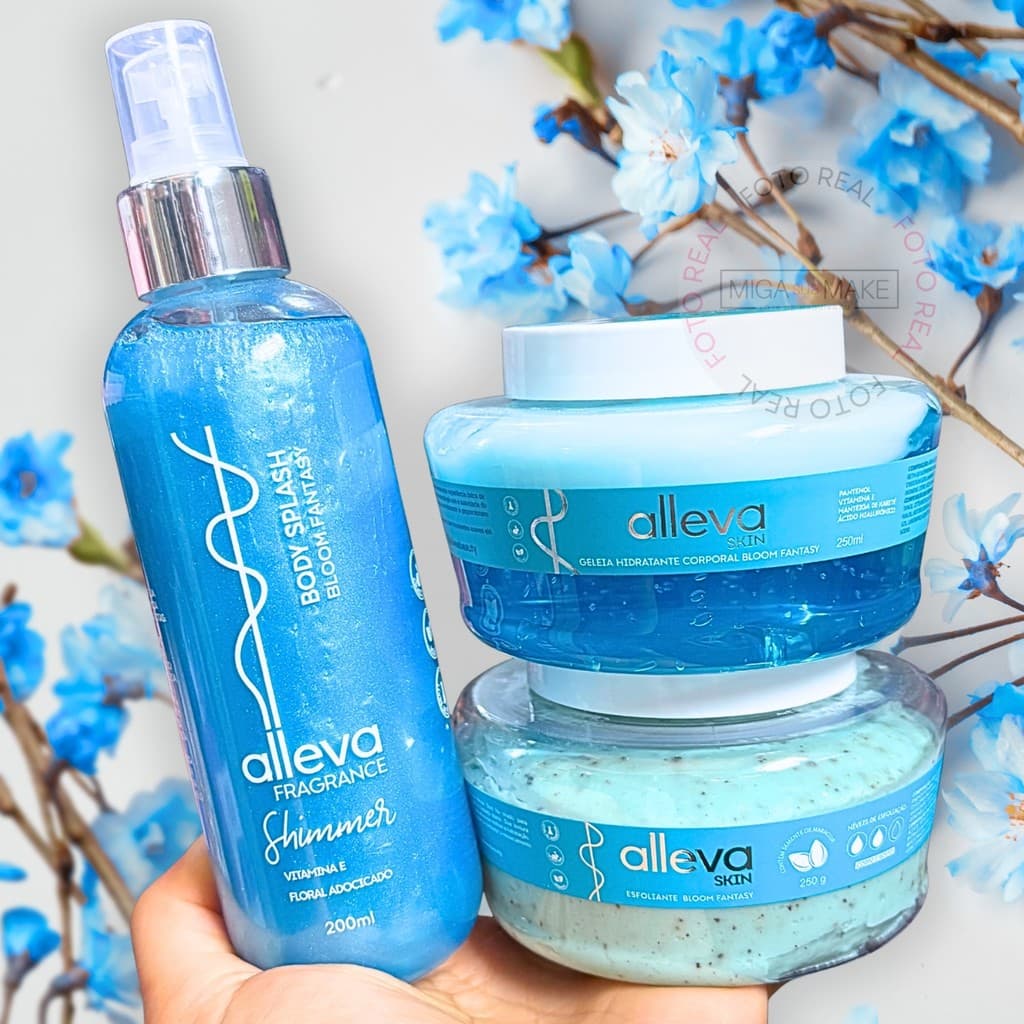 Kit Body Splash Shimmer + Hidratante + Esfoliante Corporal Alleva Banho Premium Bloom Fantasy