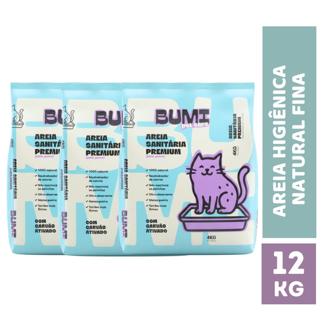 Kit Atacado Areia de Gato Biodegradável com Carvão Ativado 12kg Bumi Pet Care