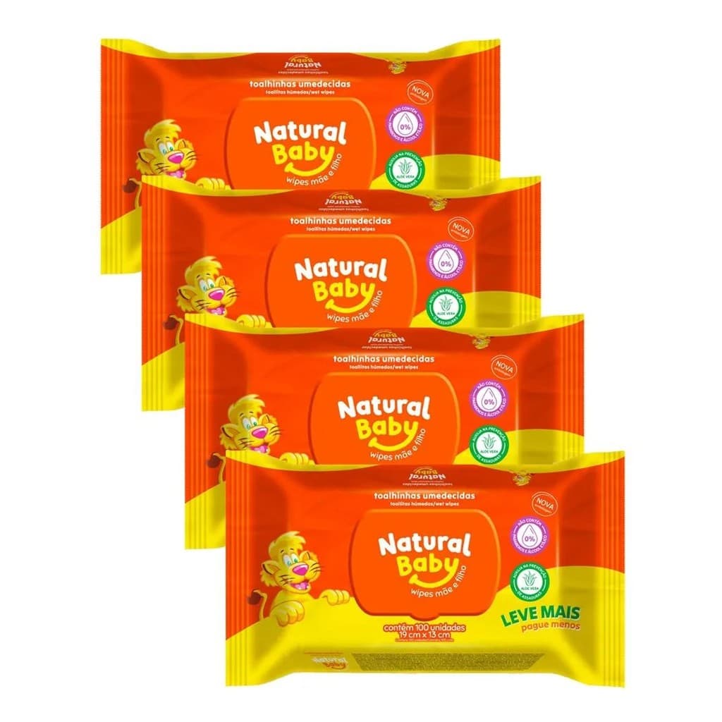 KIT C/ 4 LENÇOS UMEDECIDOS NATURAL BABY 100UN