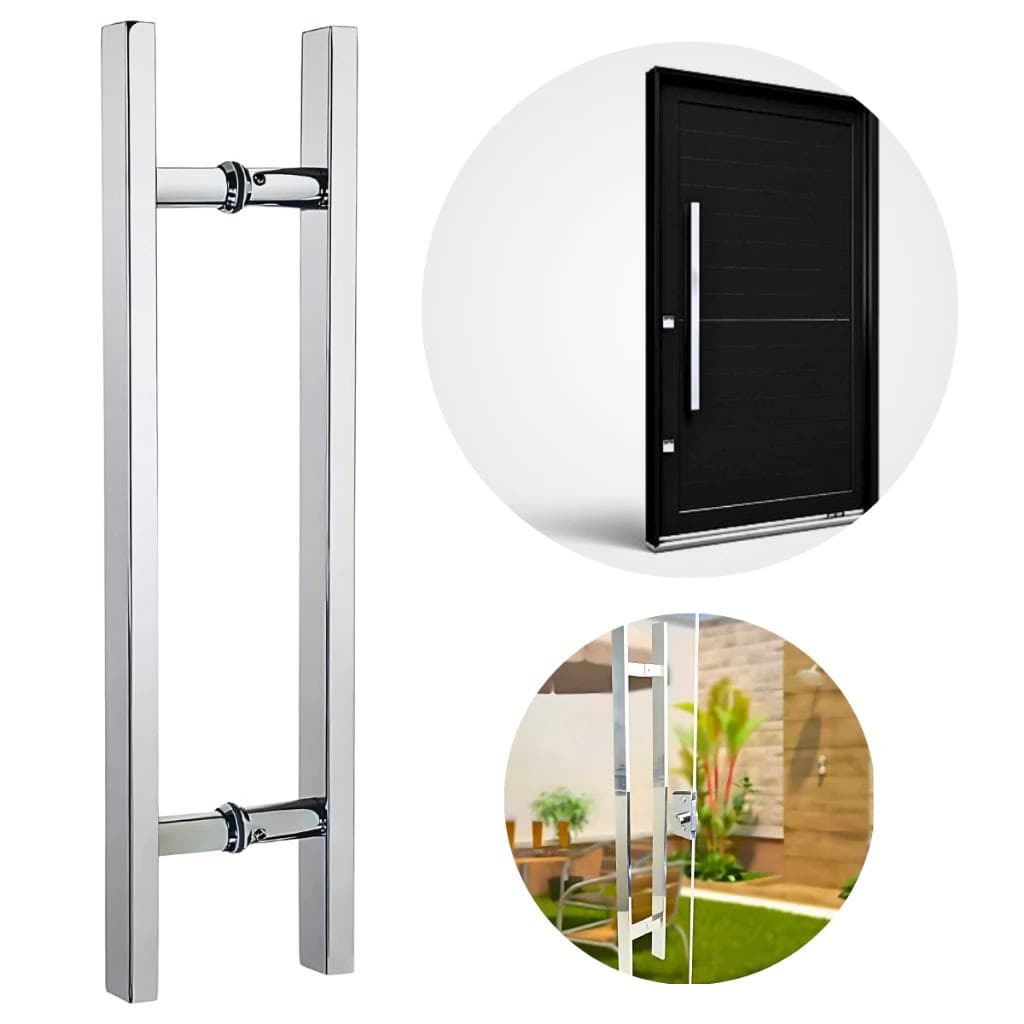 Puxador Elegante Duplo Quadrado Alumínio Polido Para Portas Pivotante Madeira/Vidro (30cm; 40cm; 50cm; 60cm)