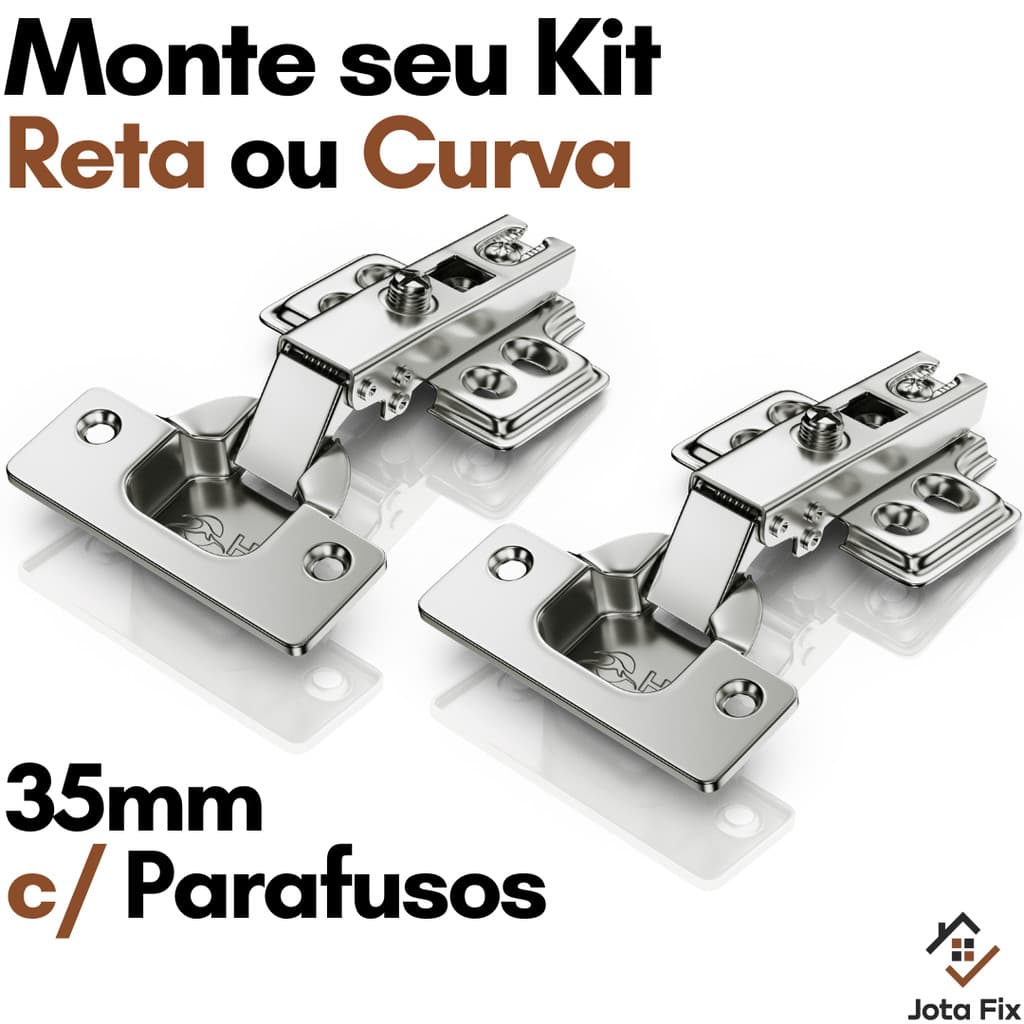 Dobradiça para Moveis 35mm Kit Dobradiças Reta e Curva p Armario Guarda Roupa Marcenaria c Parafuso