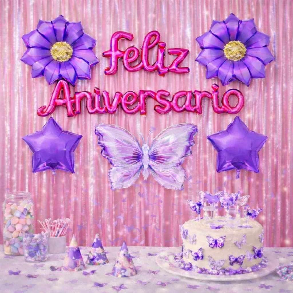 Kit decoracão 2 cortinas+1 frase feliz aniversário e 5 balões tema borboleta