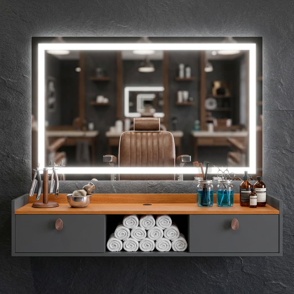 BANCADA BARBEARIA COM GAVETAS PORTAS BARBER POLE SUSPENSA PARA CORTE DE CABELO 7BARBA BOZZANO LIFE