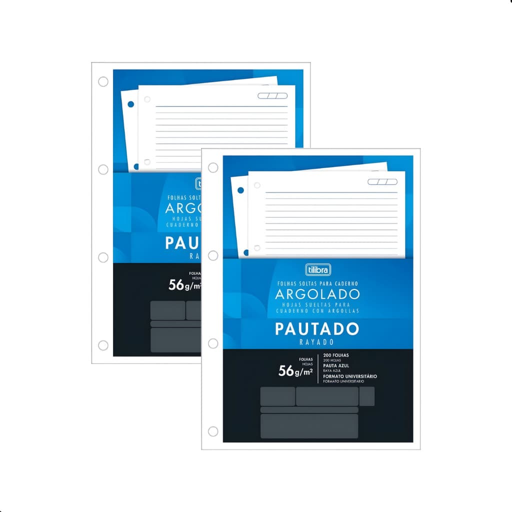 Kit 2 Refil Caderno Argolado Fichário Tilibra 200 Folhas Universitário Pautado Folha Solta Tiliflex
