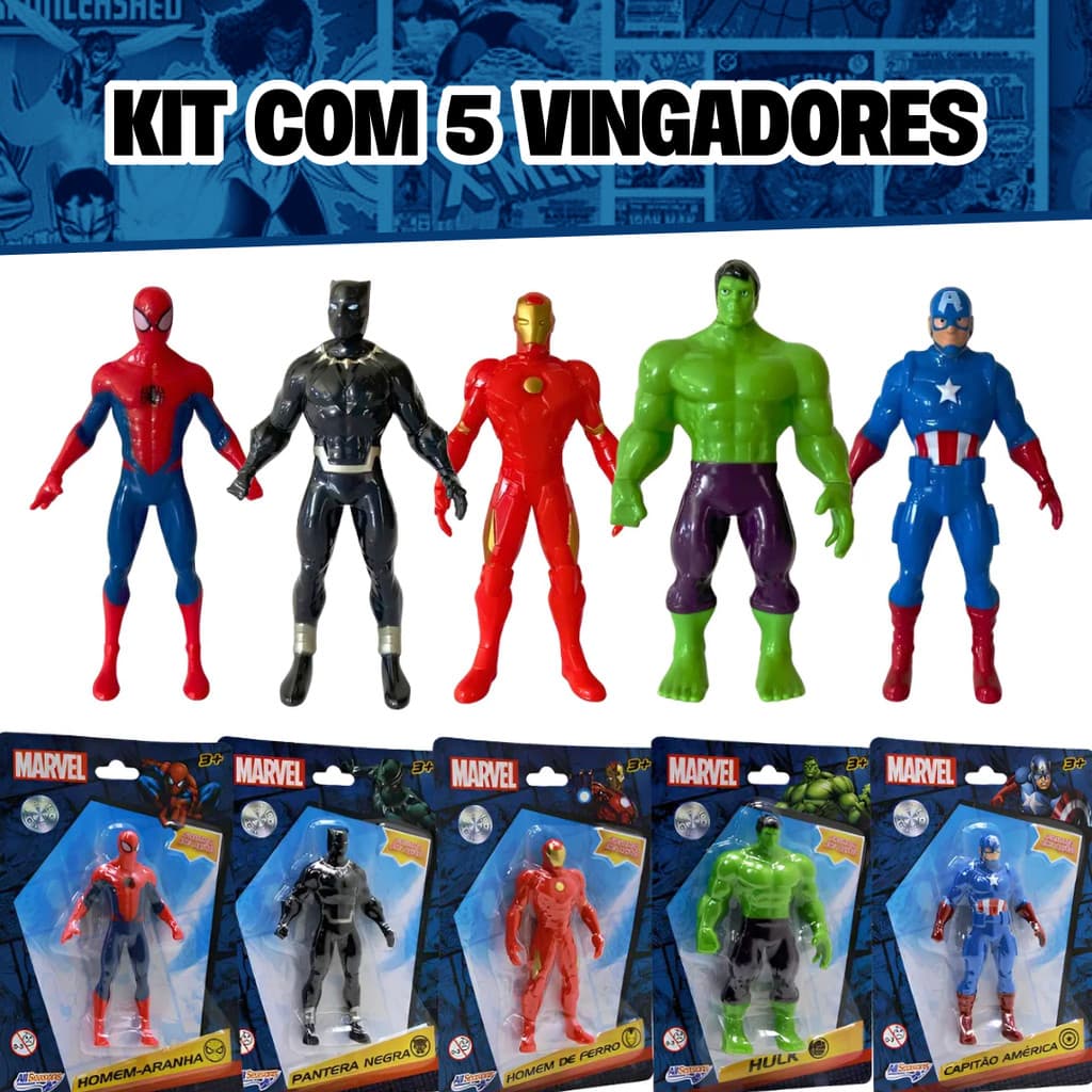 Kit 5 Bonecos Colecionáveis Marvel Avengers Vingadores Homem De Ferro Capitão América Homem Aranha Hulk e Pantera Negra