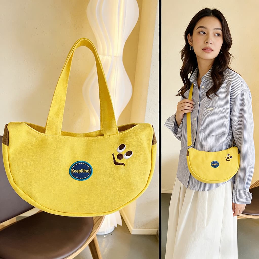 Adorável Sacola De Lona Com Rosto De Banana , Bolsa De Ombro Amarela Fofa Para Mulheres Adolescentes