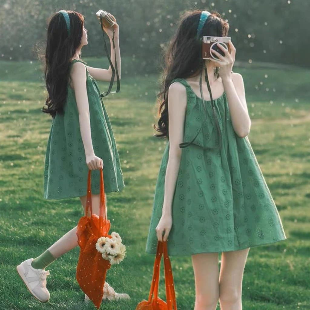 Vestido de maternidade 2025 moda pequeno solto mais magro olhar sem mangas verde Floral colete vestido feminino