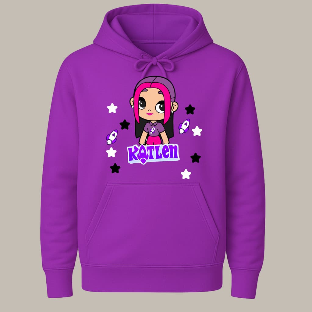 Moletom Canguru Infantil Feminino Boneca Katlen Vick Os Rosas Youtuber Foguete Elemento Roxo