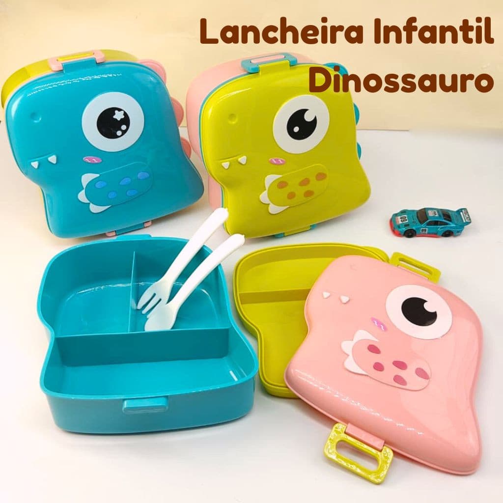 Kit Marmita Infantil Dinossauro com Talheres – 3 Divisórias, Travas Fortes e Design Exclusivo