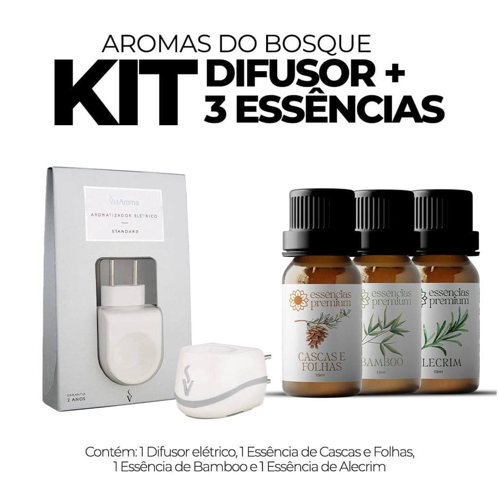 Kit 1 Difusor Aromatizador Elétrico Standard Bivolt Via Aroma + 3 Essências Premium 10 ml