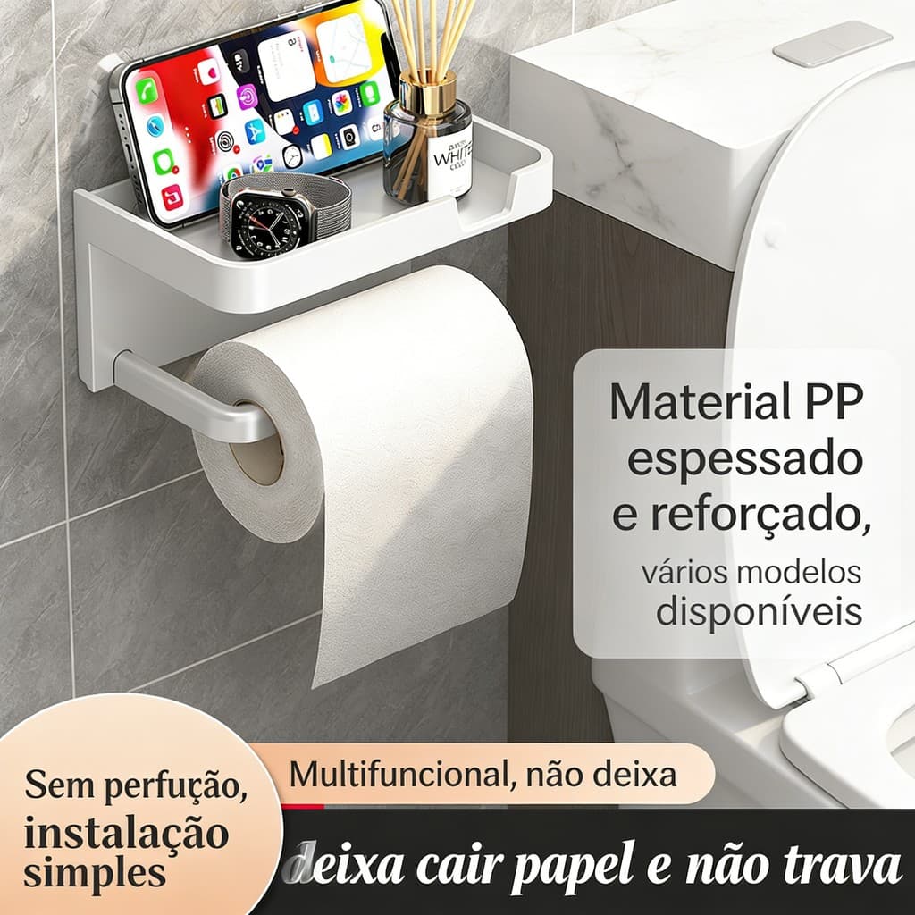 Suporte Porta Papel Higiênico e Suporte para Celular Preto/Branco