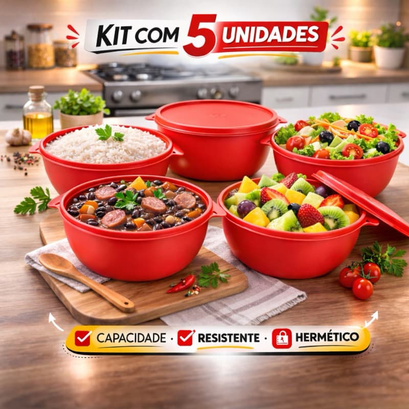 Kit 5 Potes Redondos com Tampa Hermética 750ml | Bowls Plástico Resistente  | Organizador de Cozinha